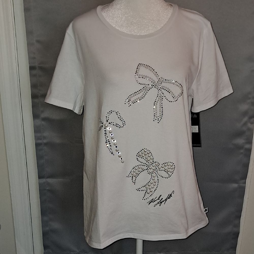 Karl Lagerfeld White Tee with Silver Rhinestone Bow Accents